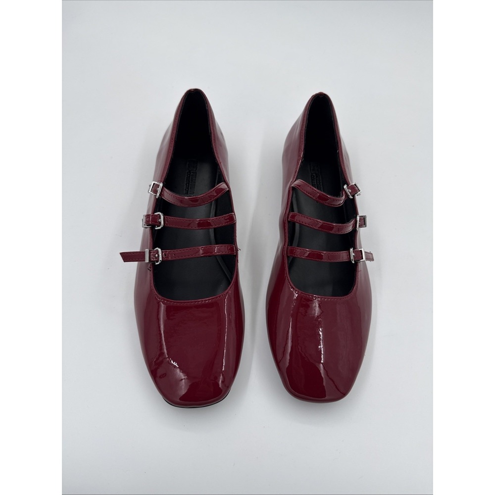 Pull&Bear Triple Strap Patent  Square Toe Mary Jane Flats Burgundy Cherry Red 10